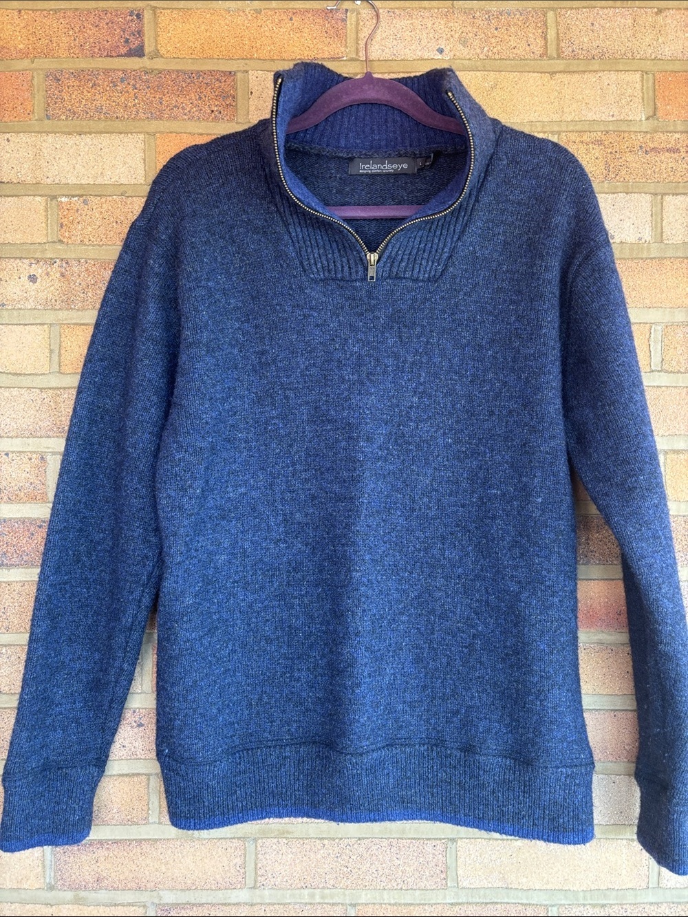 Irelands Eye Men’s Quarter -Zip 100% Wool Knit Sweater Navy Blue L
